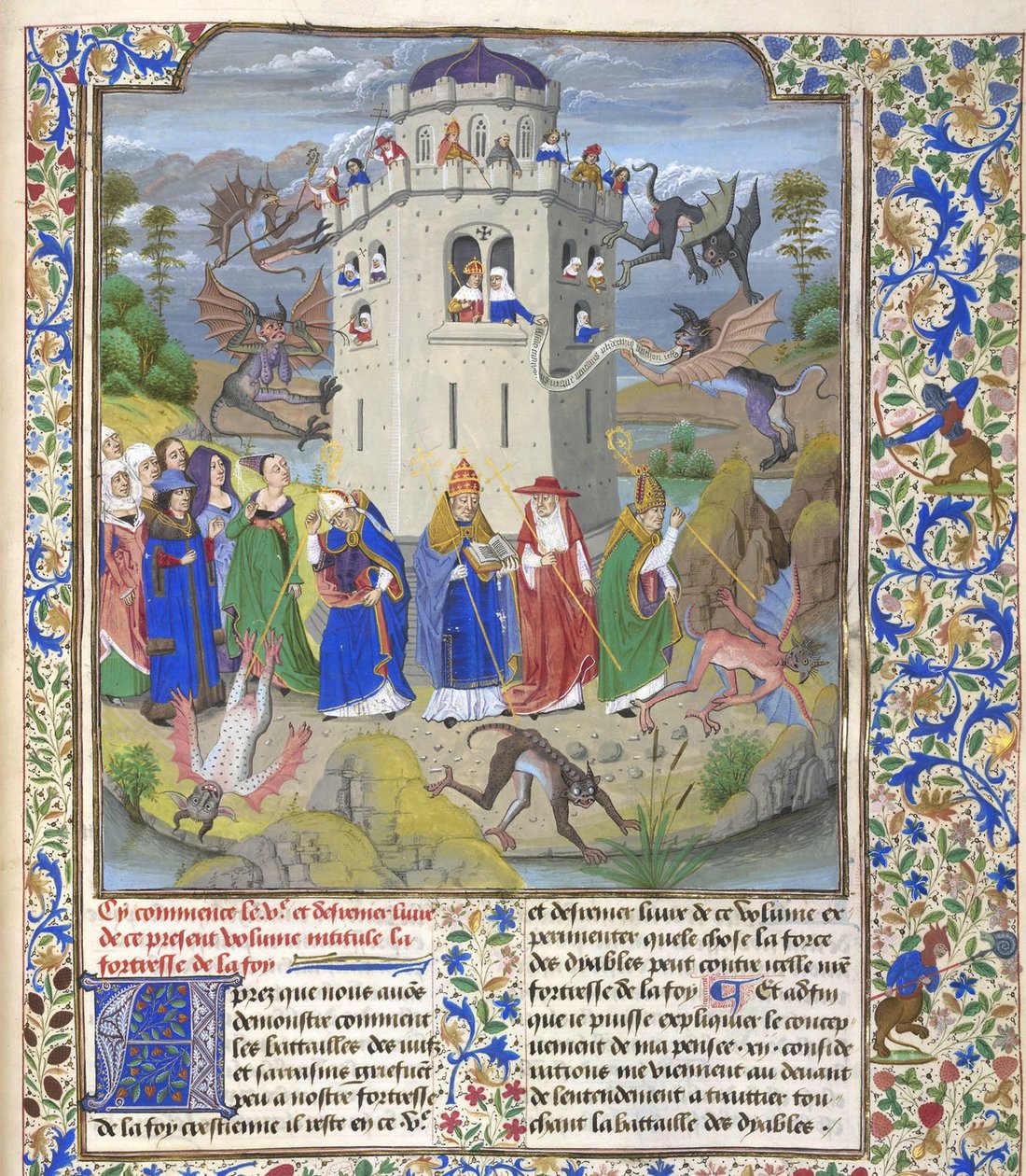 Twierdza Wiary Miniatura świętych Grzegorza, Augustyna, Hieronima i Ambrożego walczących z demonami, koniec XV w. autorstwa Loyset Liedet