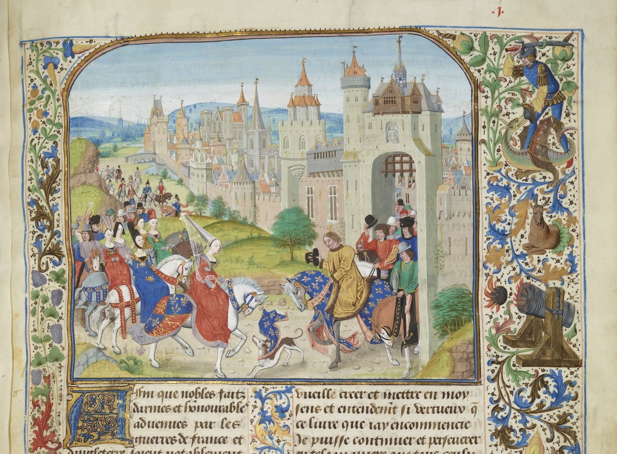 Izabela Francuska witana przez swego brata Karola IV w Paryżu, ok. 1470-1475. autorstwa Loyset Liedet