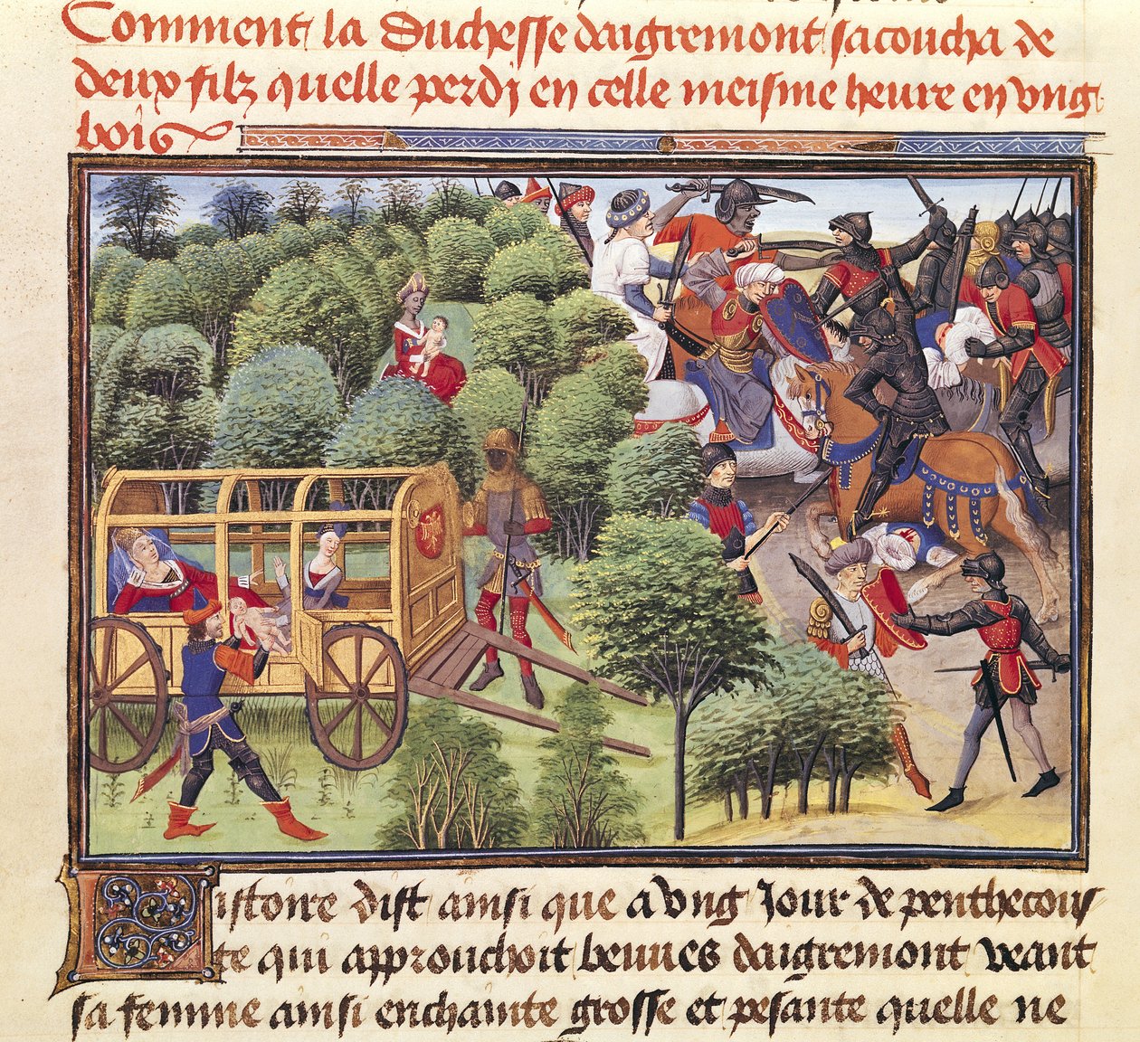 Ms 5072 f.6v Jak księżna Aigremont urodziła dwóch synów i straciła ich w tej samej godzinie w lesie, z cyklu Renaud de Montauban autorstwa Loyset Liedet