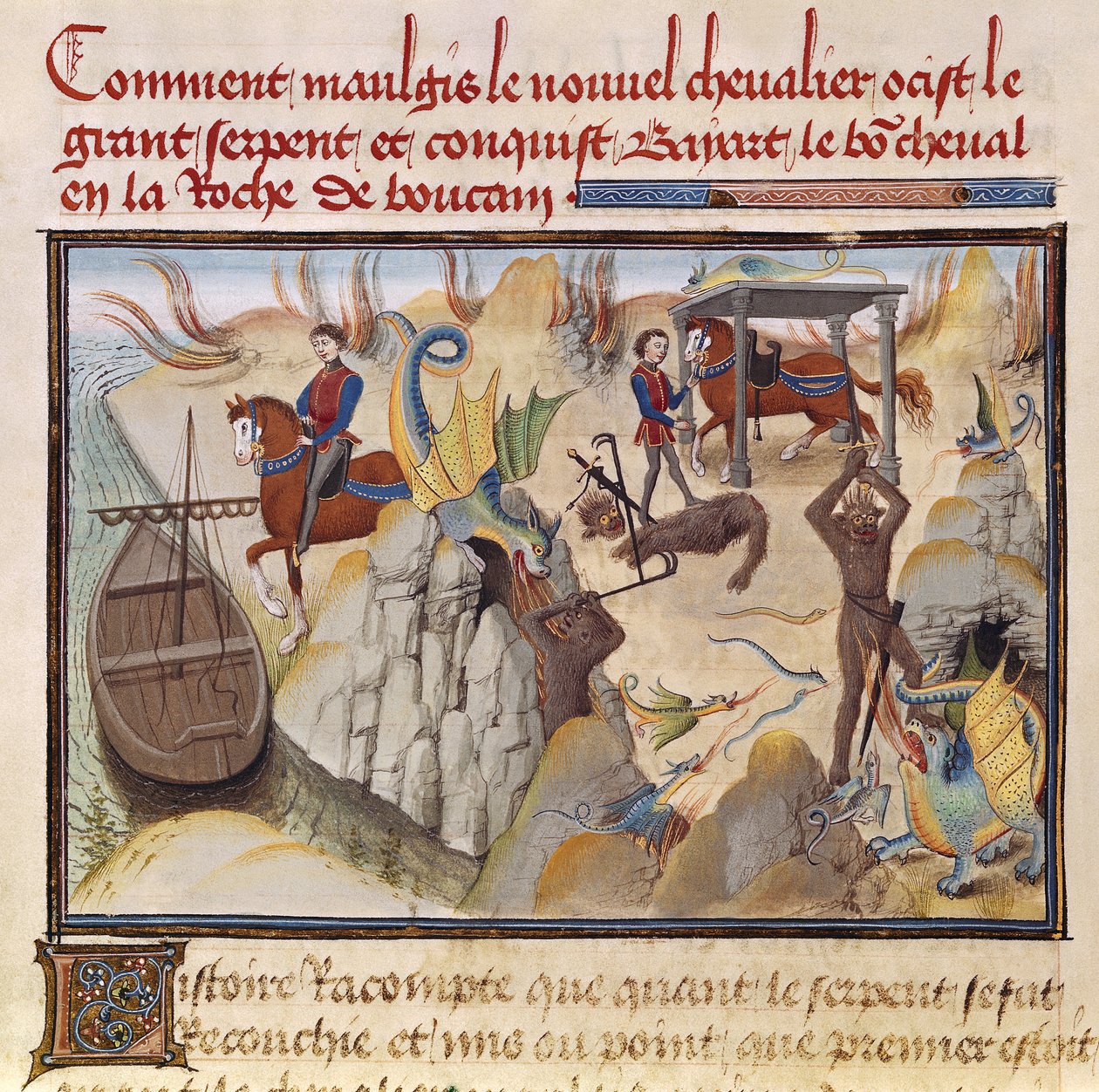 Ms 5072 fol.37v Maugis walczący z wężem i zdobywający zaczarowanego konia, Bayard, z cyklu Renaud de Montauban autorstwa Loyset Liedet
