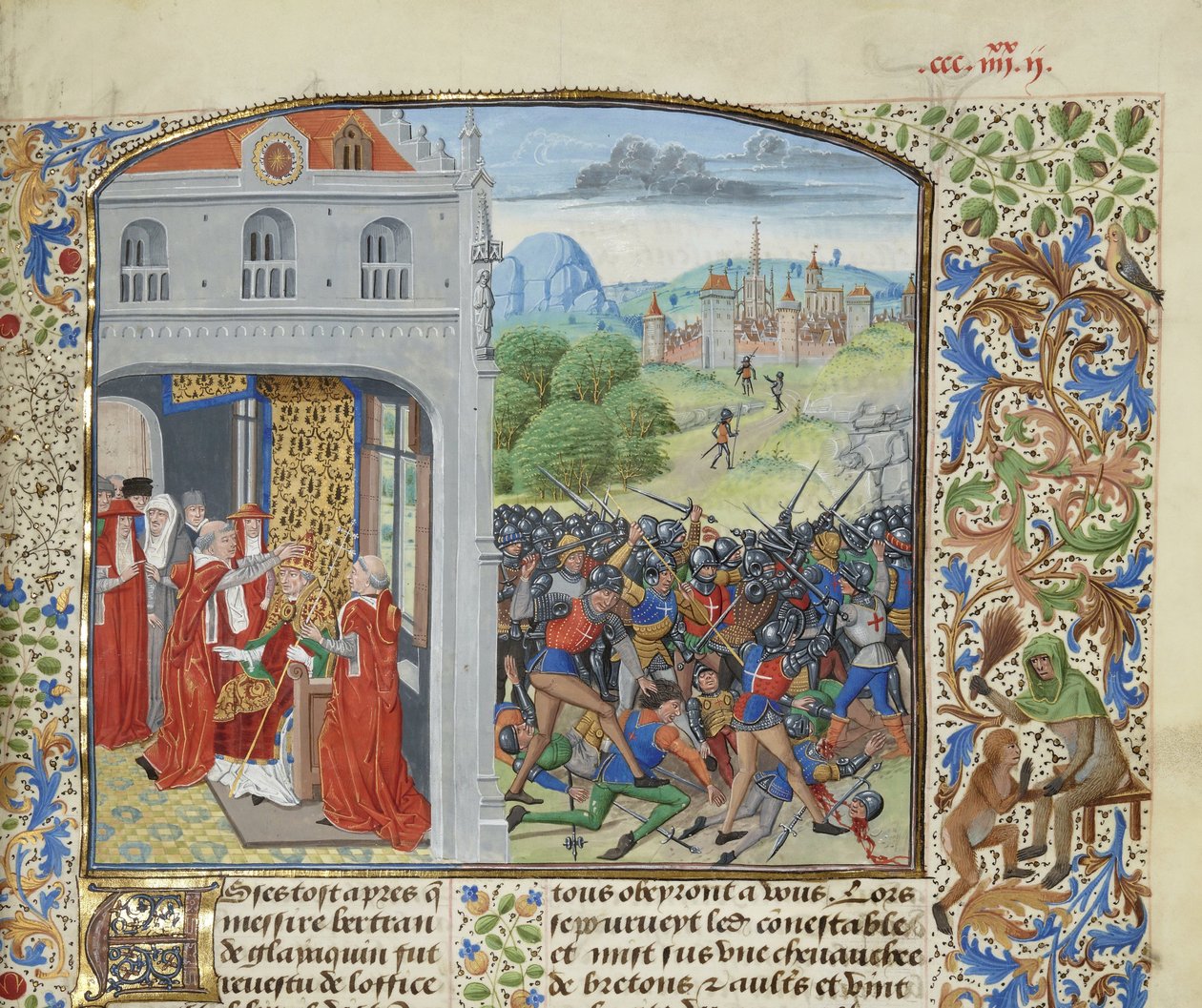 Koronacja papieża Grzegorza XI i bitwa pod Pontvallain, 1370, ok. 1470-1475. autorstwa Loyset Liedet