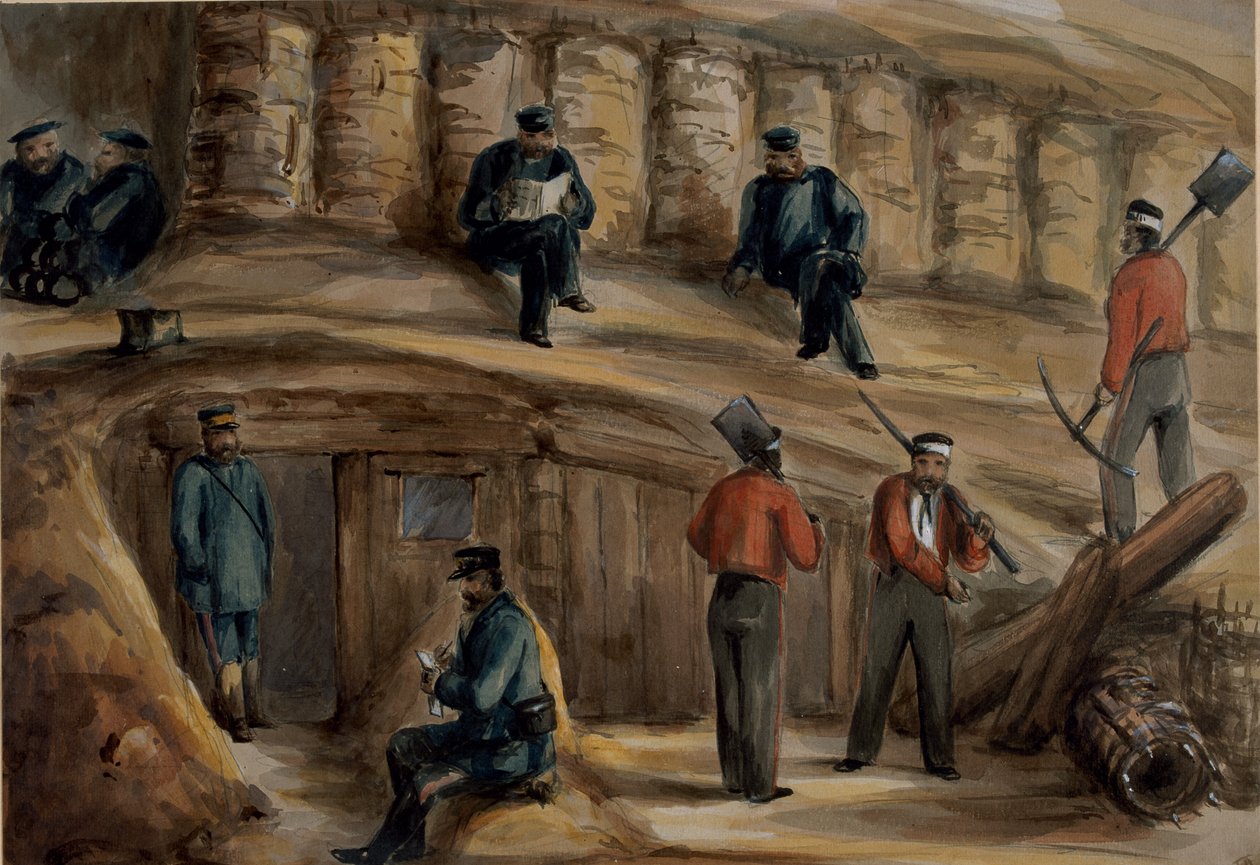 Strzelcy Królewskiego Pułku Artylerii odpoczywają w okopach pod Sewastopolem, ok. 1855 r. autorstwa Lt. Henry James Alderson