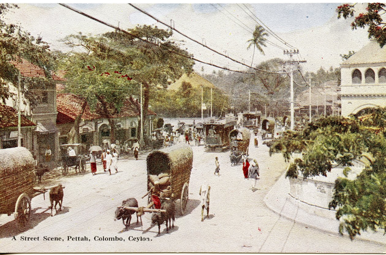 Scena uliczna, Pettah, Kolombo, Cejlon, ok. 1900-20 (fotografia ręcznie kolorowana) autorstwa Ltd. Ceylon Plâté