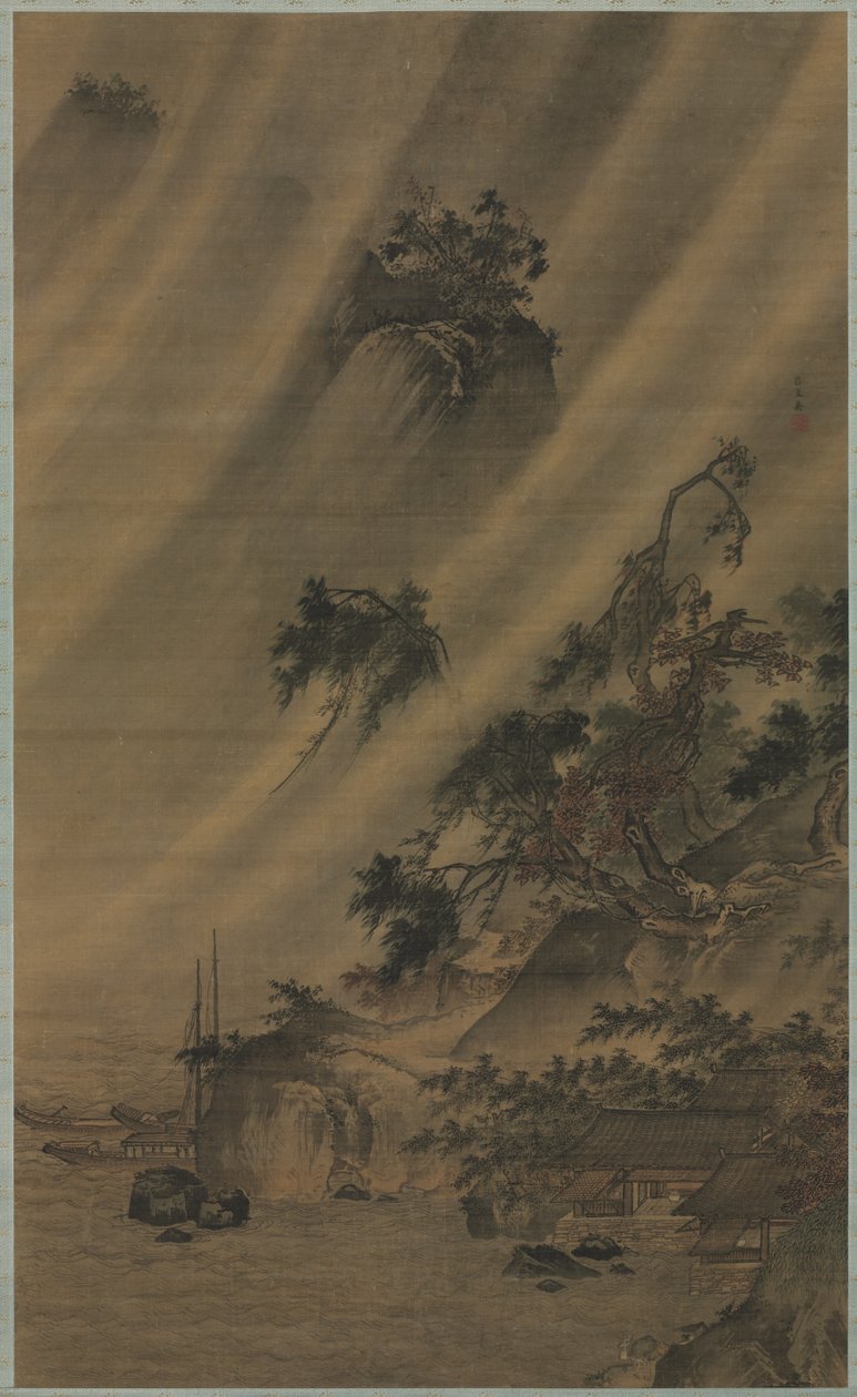 Wioska rzeczna podczas ulewy, ok. 1930 r. 1480-1507. autorstwa Lu Wenying