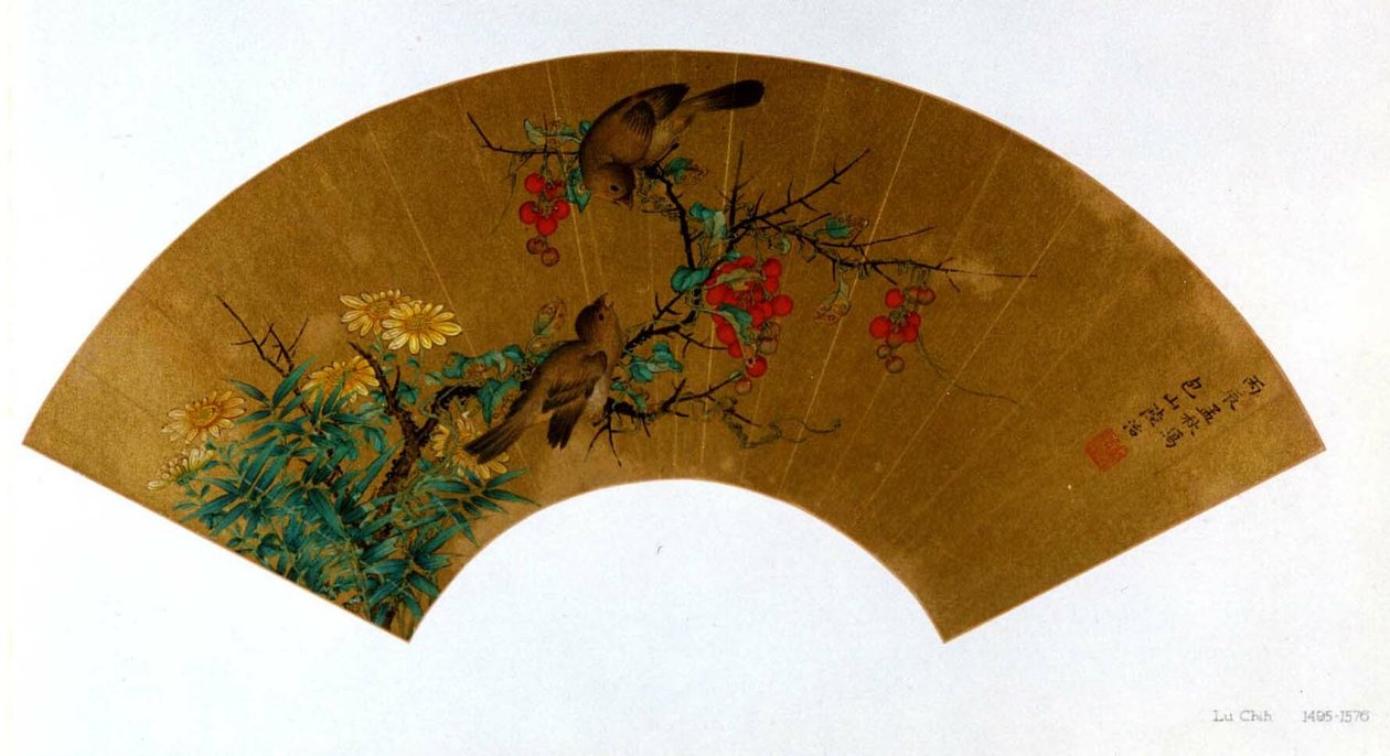 Ptaki, jagody i kwiaty 花鳥折扇 autorstwa Lu Zhi