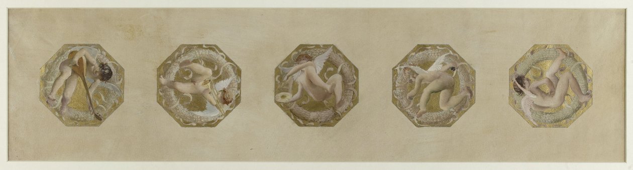 Szkic do Hôtel de Ville de Paris, Schody świąteczne: Génies portant des attributs de fête, débuten 1888 (olej na papierze) autorstwa Luc Oliver Merson