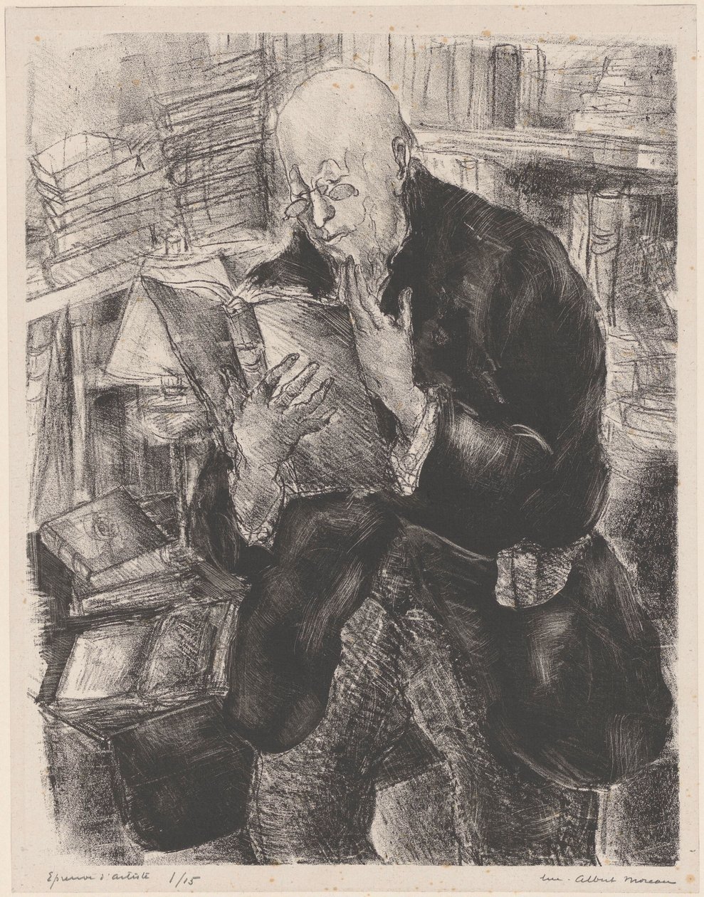 Mężczyzna czytający w bibliotece autorstwa Luc Albert Moreau (signed by artist)