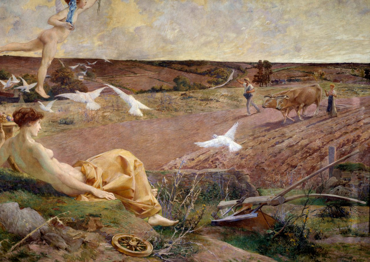 Fortuna alegoryczne przedstawienie obfitości i płodności. W tle chłop orze swoje pole. Szczegół. Malowanie marufle na tynku – Luc Olivier Merson (1846-1920) 1901 Ndz. 2,22x2,9 m Paryż, musee d
