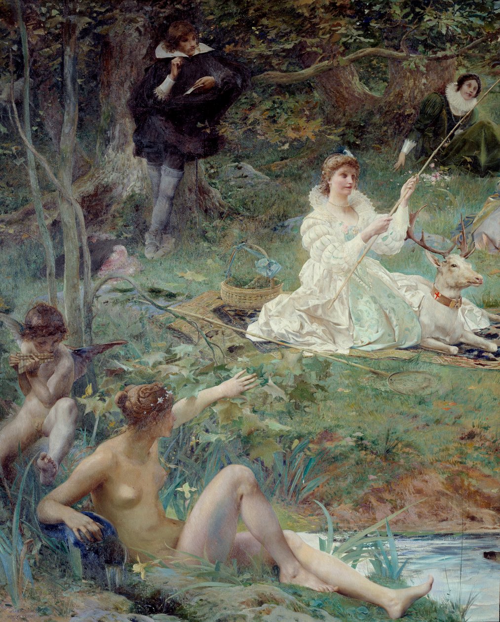 Marie F. des Ursins, księżna Montmorency i poeta Theophile de Viau w Chantilly w Pawilonie Sylvie Detail. Obraz Luca Oliviera Mersona (1846-1920) 1895 Nd. 1,88 x 2,10 m Chantilly, Musee Conde autorstwa Luc Oliver Merson