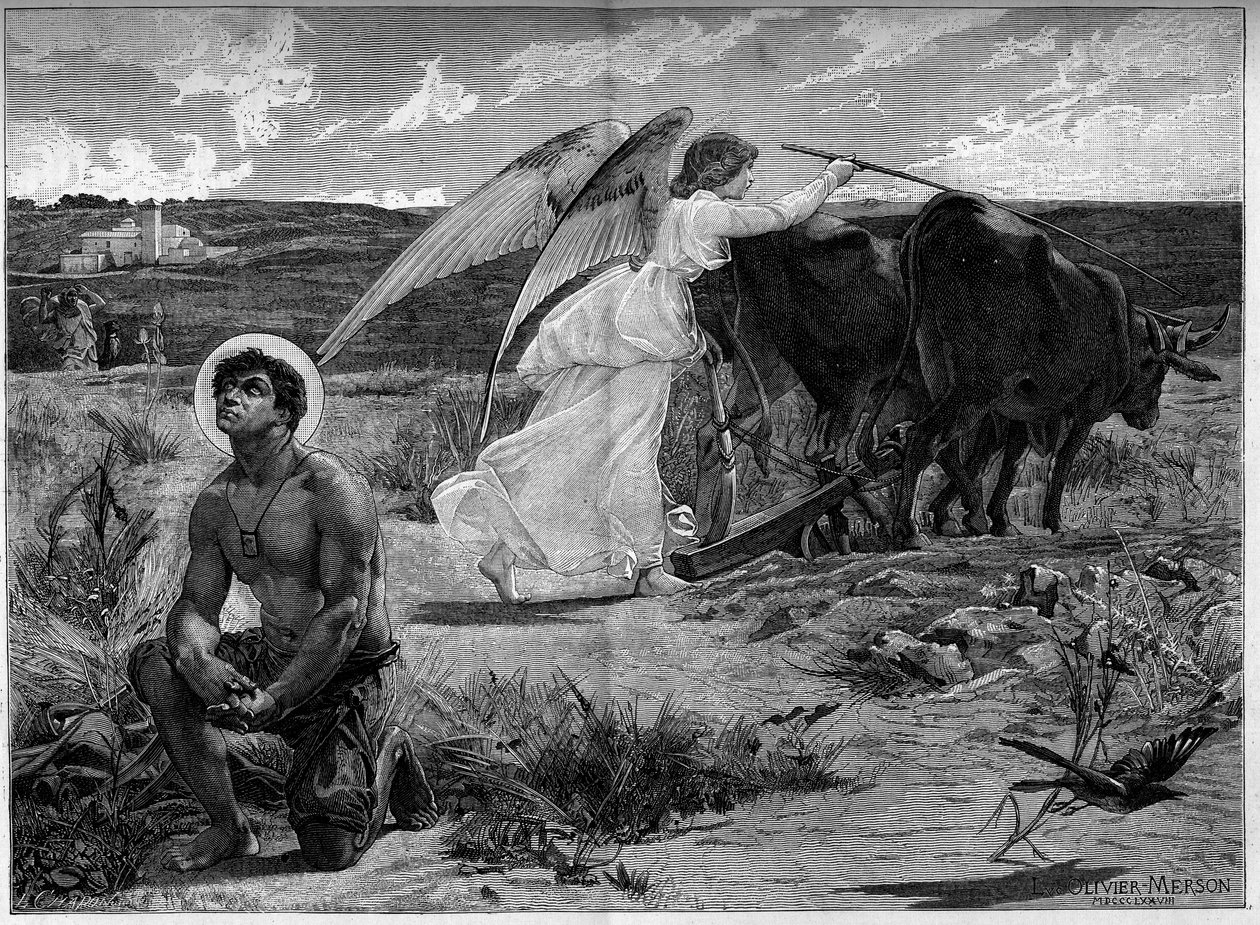 Św. Izydor, patron oraczy. Anioł pomaga św. Izydorowi zaorać pole pługiem. 19 wiek. Grawer wg obrazu Luca Oliviera Mersona (1846-1920). W „”The Illustrous World”” nr 1294 z 21 stycznia autorstwa Luc Oliver Merson