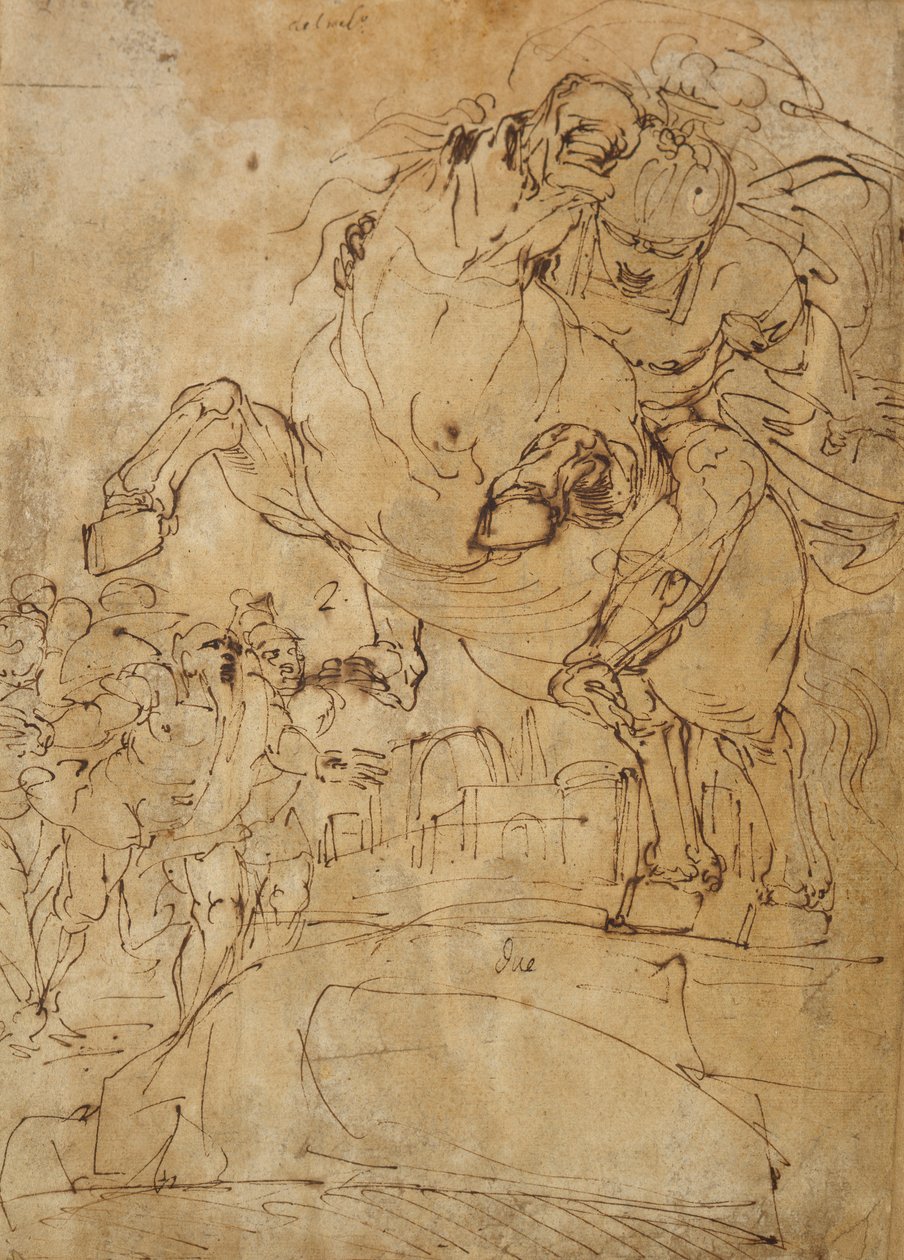 Marcus Curtius skacze do Otchłani, ok. 1574 (pióro i brązowy atrament na papierze) autorstwa Luca Cambiaso