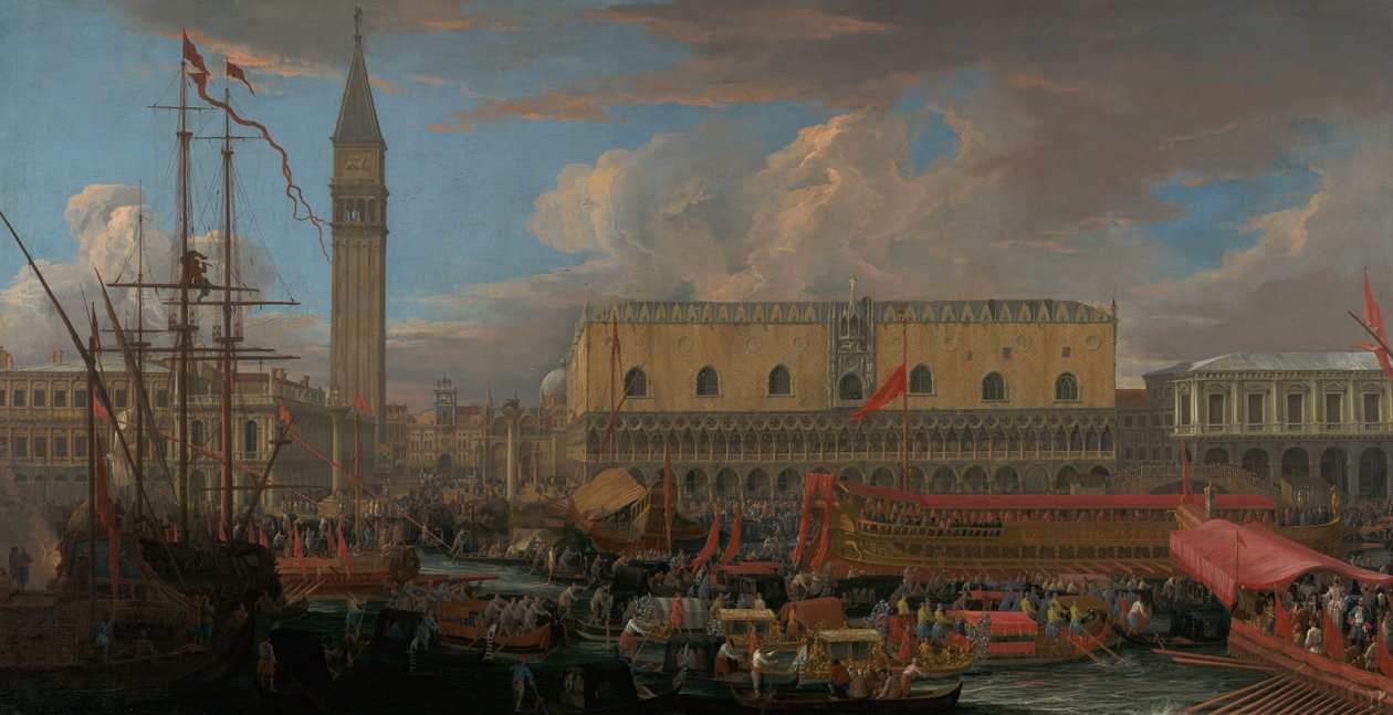Bucintoro Wyjazd z Bacino di San Marco autorstwa Luca Carlevarijs