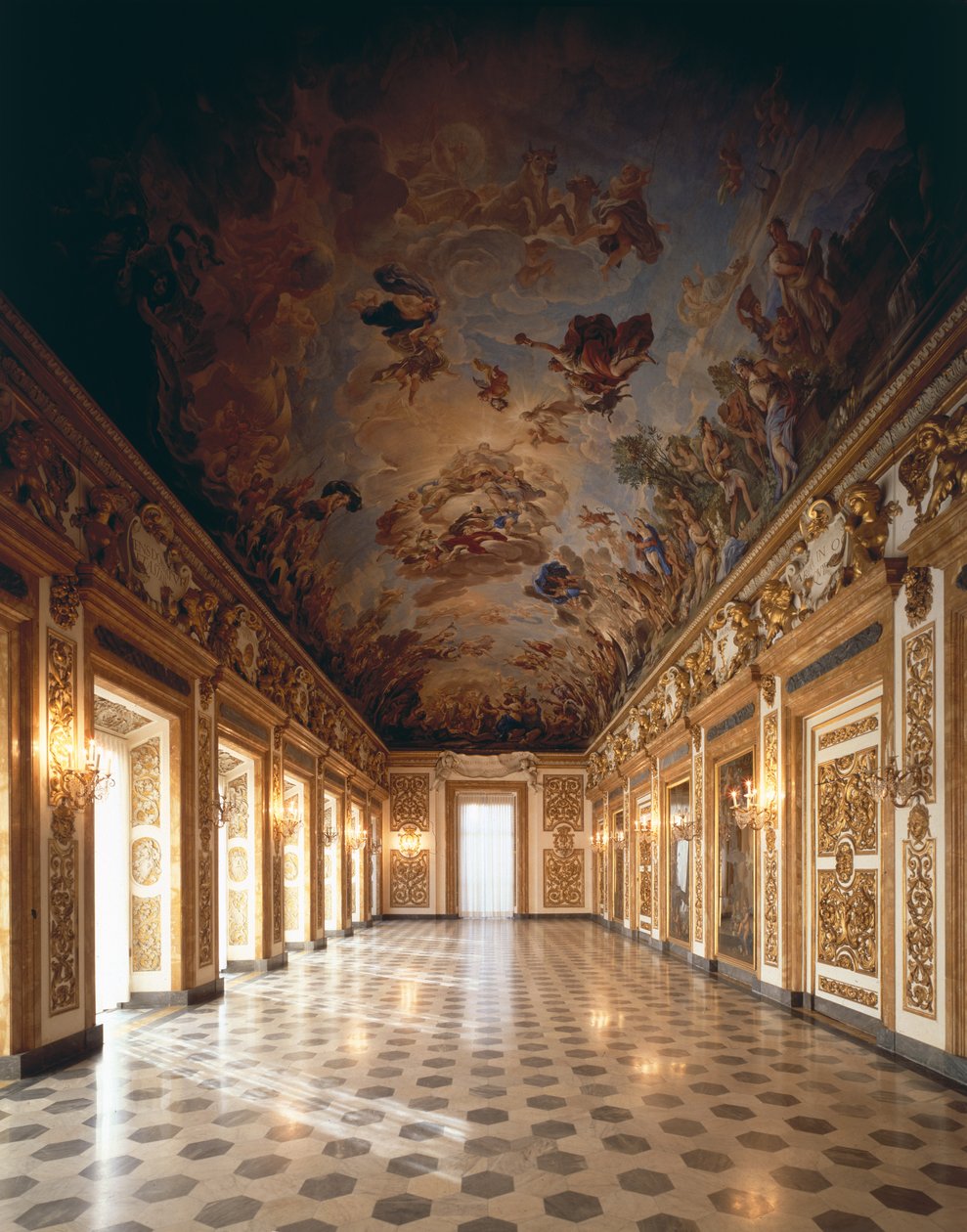 Widok loggii z freskiem sufitowym przedstawiającym Apoteozę II dynastii Medici, 1670-88 autorstwa Luca Giordano