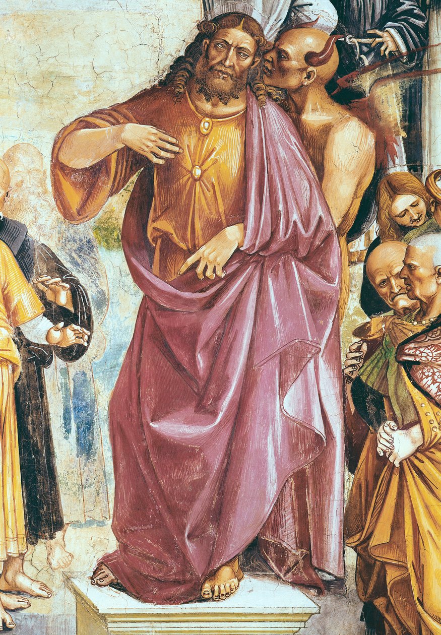 Głoszenie antychrysta, fragment Chrystusa i diabła, z kaplicy Madonna di San Brizio, 1499-1504 autorstwa Luca Signorelli