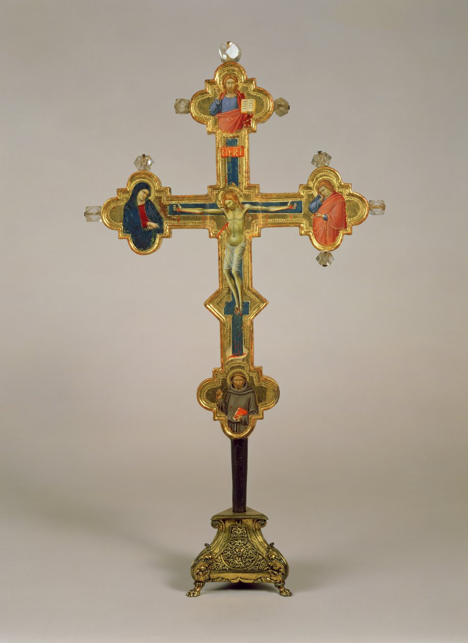 Krzyż przenośny, ozdobiony scenami Chrystusa Ukrzyżowanego z Matką Boską, św. Jana Ewangelisty i św. Franciszka (awers) (tempera, srebrny i złoty płatek na drewnie z kryształem górskim) (na rewersie) autorstwa Luca di Tommè