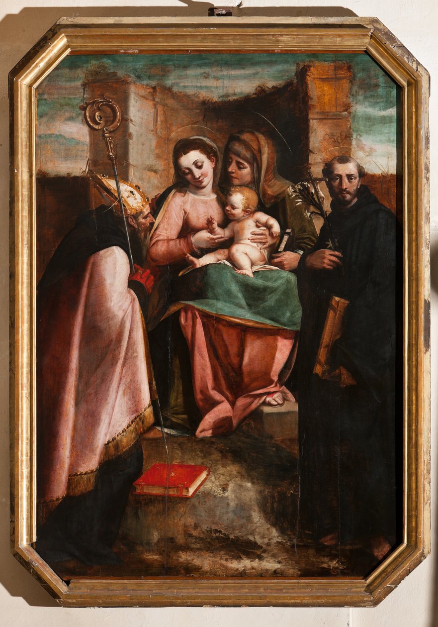 Genua, Duomo (katedra św. Wawrzyńca), wewnątrz baptysterium (dawniej kościół św. Jana Starego): „Madonna z Dzieciątkiem wśród św. Anny, św. Mikołaja z Bari i św. Mikołaja z Tolentino”, autorstwa Luca Cambiaso autorstwa Luca Cambiaso