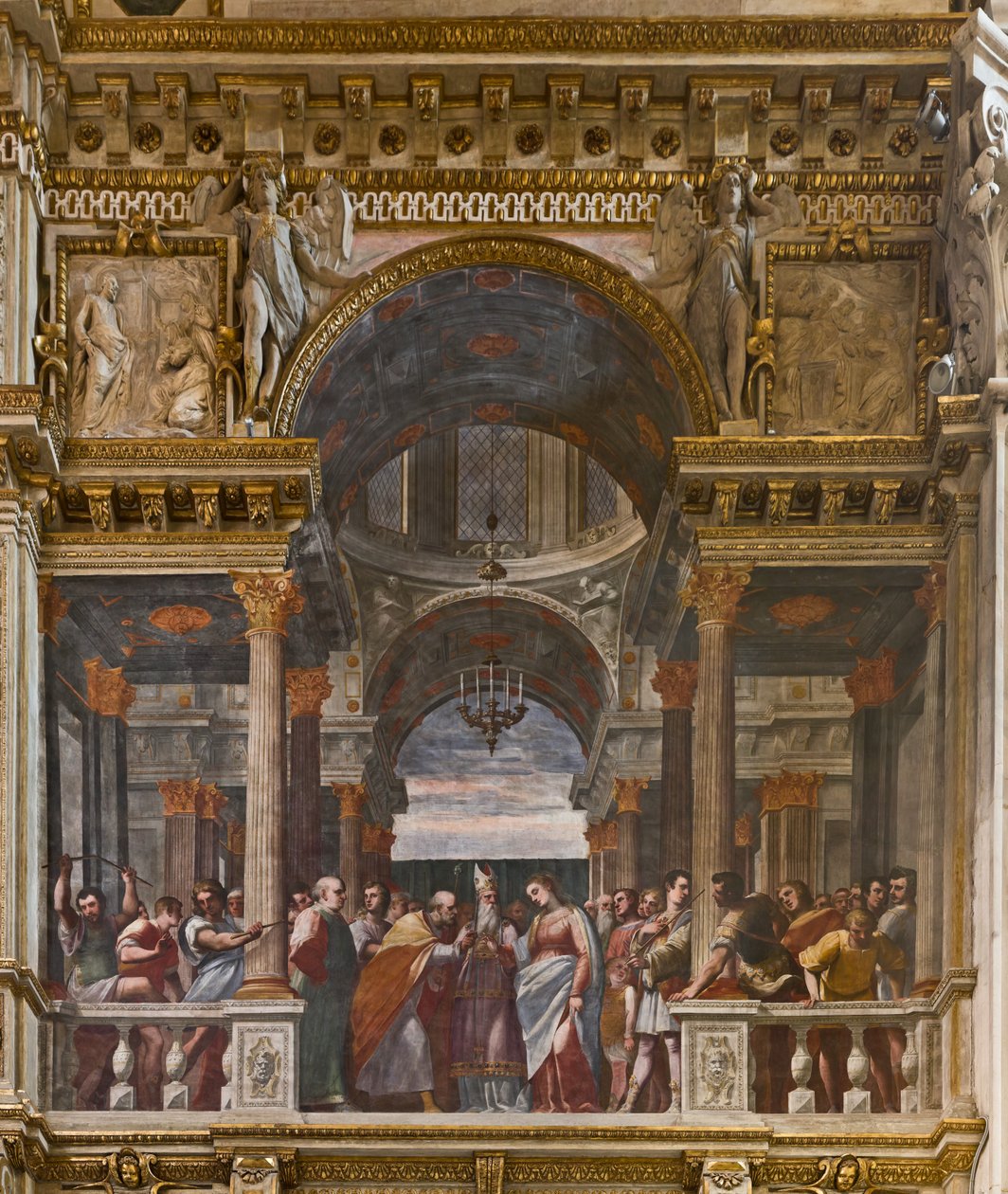Genua, Duomo (Katedra Św. Wawrzyńca), wewnątrz, Kaplica Lercari lub Kaplica Najświętszego Sakramentu (Apsyda Północna), strona południowa: „Zaręczyny Dziewicy”, fresk Luca Cambiaso autorstwa Luca Cambiaso