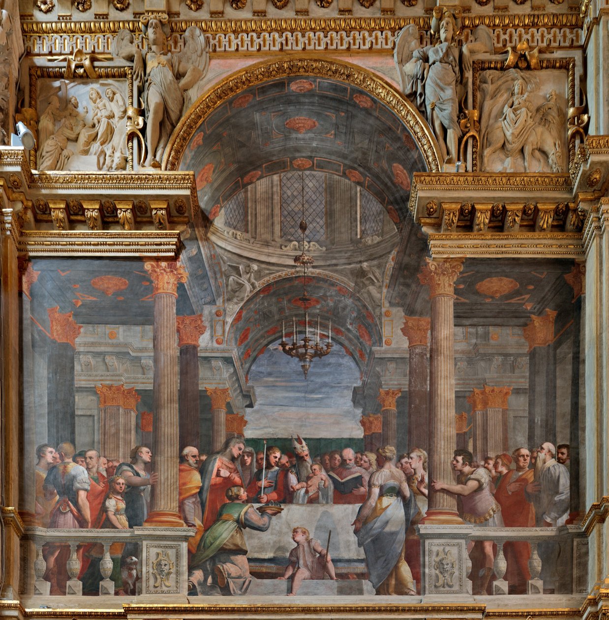 Genua, Duomo (katedra św. Wawrzyńca), wnętrze, Kaplica Lercari lub Kaplica Najświętszego Sakramentu (apsyda północna), strona północna: „Okazanie w świątyni”, fresk Luca Cambiaso autorstwa Luca Cambiaso