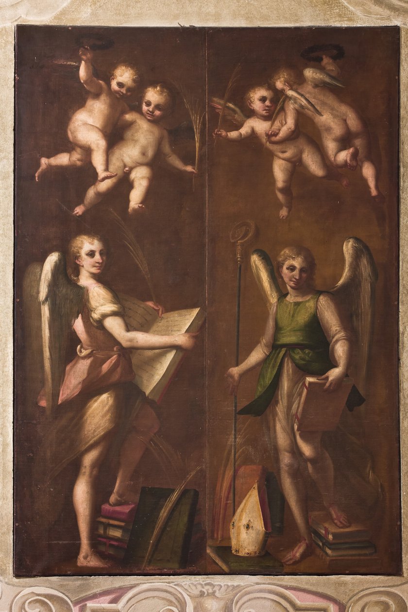 Genua, Duomo (katedra św. Wawrzyńca), zakrystia, kaplica: „Anioły z insygniami biskupimi, księgami i gałązkami palmowymi”, Luca Cambiaso, ok. 1580 autorstwa Luca Cambiaso