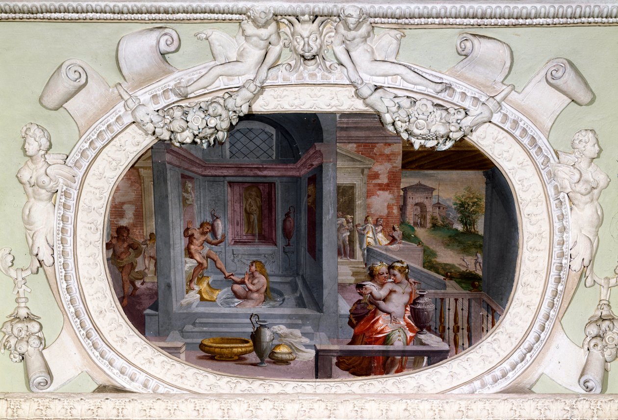 Sceny kąpieli, uwodzenia. Fresk Luca Cambiaso (1527-1585) autorstwa Luca Cambiaso
