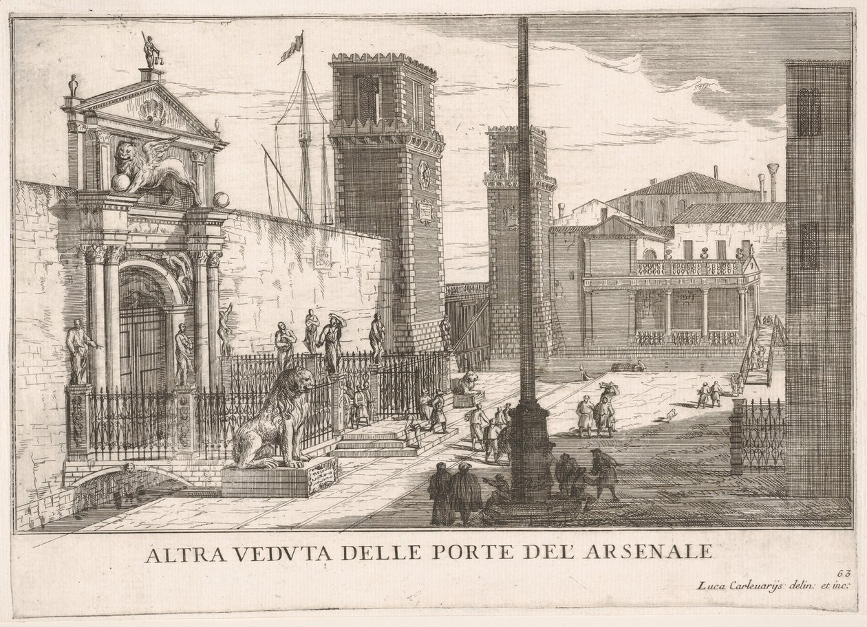 Ilustracja 63: Widok bramy kompleksu stoczniowo-zbrojowniowego Arsenale, Wenecja, 1703, fr..., 1703. autorstwa Luca Carlevarijs