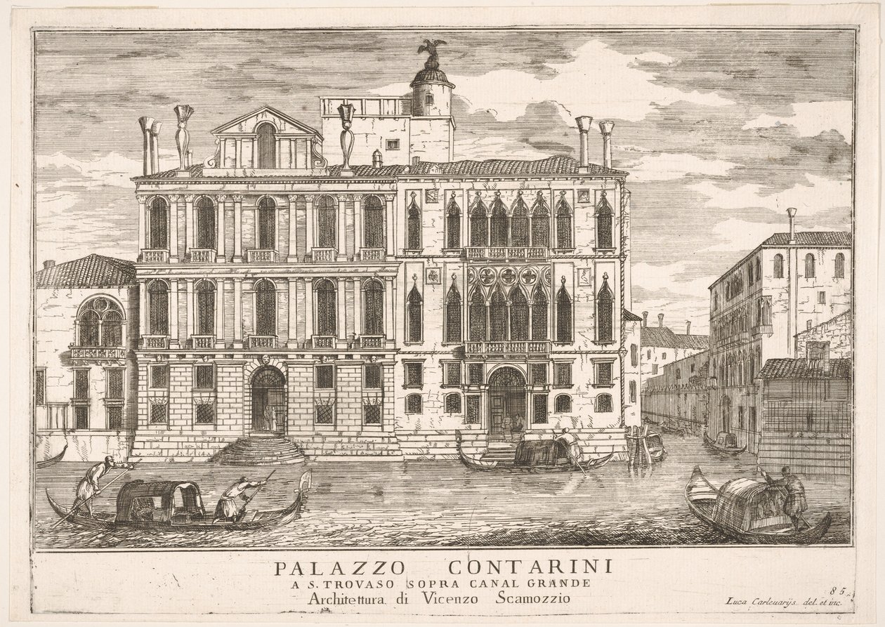 Ilustracja 85: Widok pałacu Contarini w Campo San Trovaso, Wenecja, 1703, z The build..., 1703. autorstwa Luca Carlevarijs
