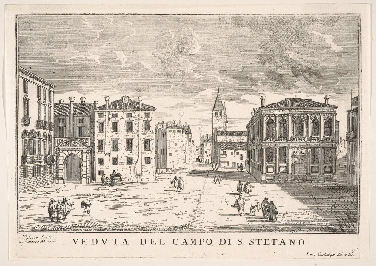 Ilustracja 95: Widok Campo Santo Stefano z Pałacem Loredańskim i Pałacem Morosini, Wenecja..., 1703. autorstwa Luca Carlevarijs