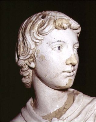 Anioł ze świecą, detal głowy (ceramika szkliwiona) (detal 97636) (dla pary zob. 97637-8) autorstwa Luca Della Robbia
