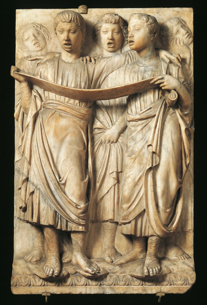 Śpiew dzieci, fragment z Cantorii (galeria chóru) autorstwa Luca Della Robbia (ok. 1400-1481), marmur, płaskorzeźba do katedry Santa Maria del Fiore, Florencja autorstwa Luca Della Robbia