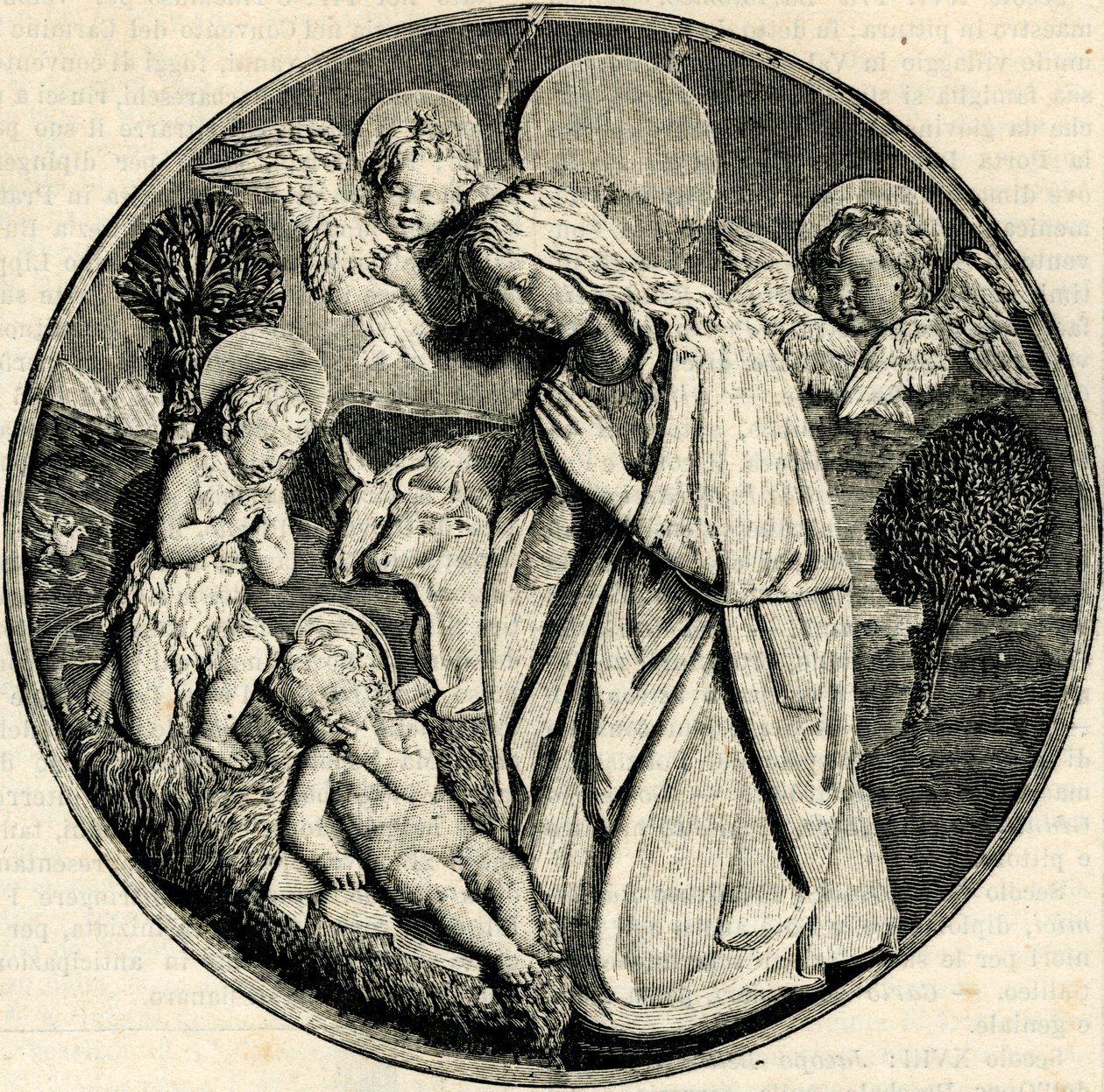 Madonna w adoracji Dzieciątka z Dzieciątkiem Św. Jan Chrzciciel i cherubiny, Luca della Robbia (1399/1400-1482), Prato, Toskania, Włochy, drzeworyt z Le cento citta d
