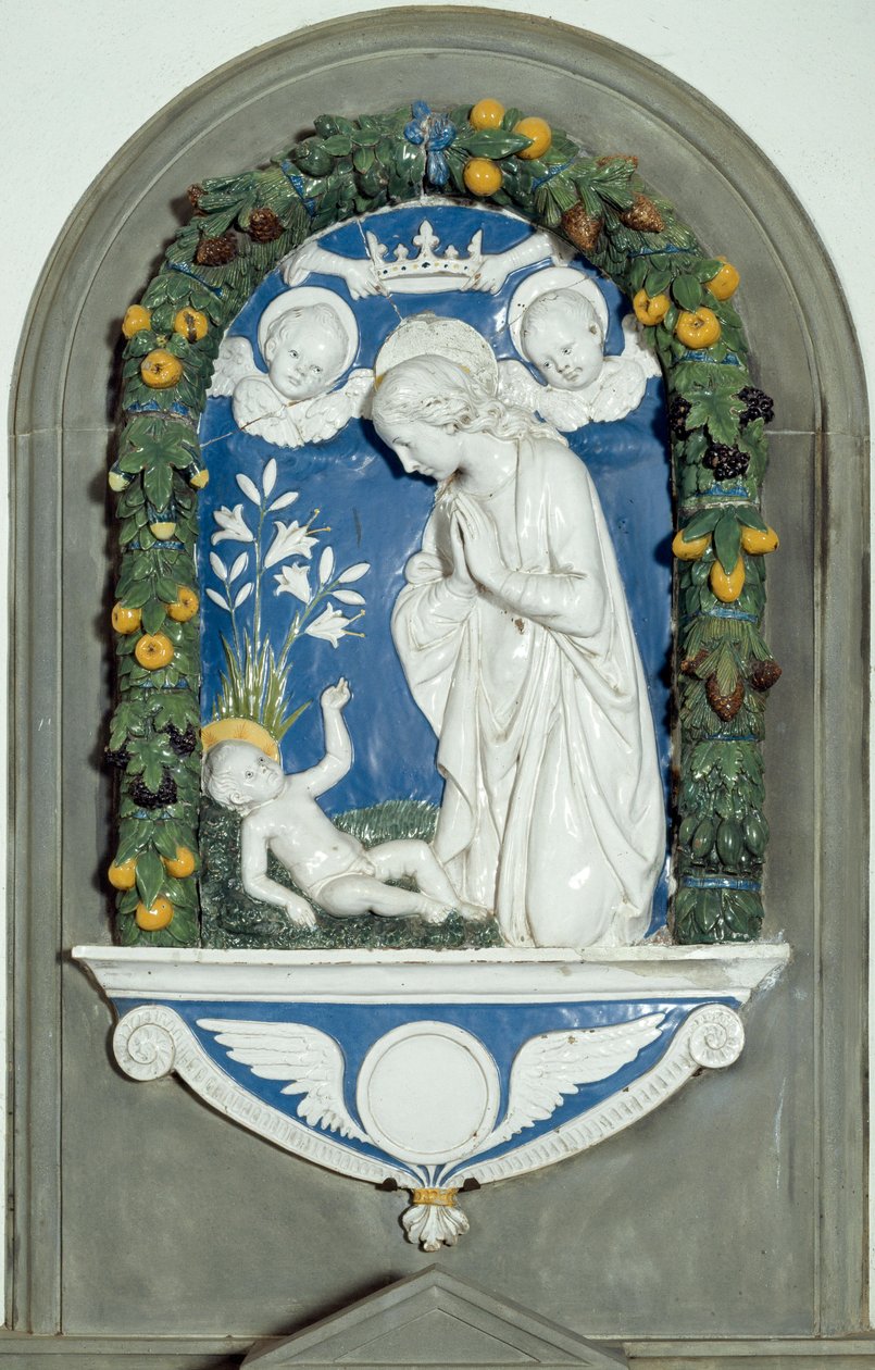 Dziewica Adoring the Child High Relief Luca della Robbia (1400-1482) XV-wieczne Sanktuarium Verna, Włochy autorstwa Luca Della Robbia