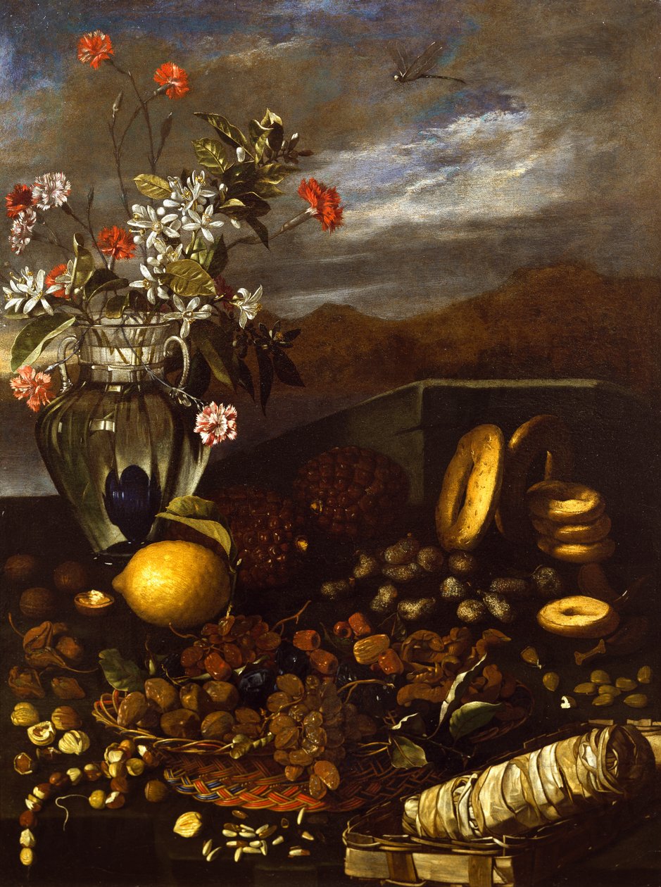 Martwa natura z suszonymi owocami, kwiatami i krajobrazem, autorstwa Luca Forte (1610-1670) autorstwa Luca Forte