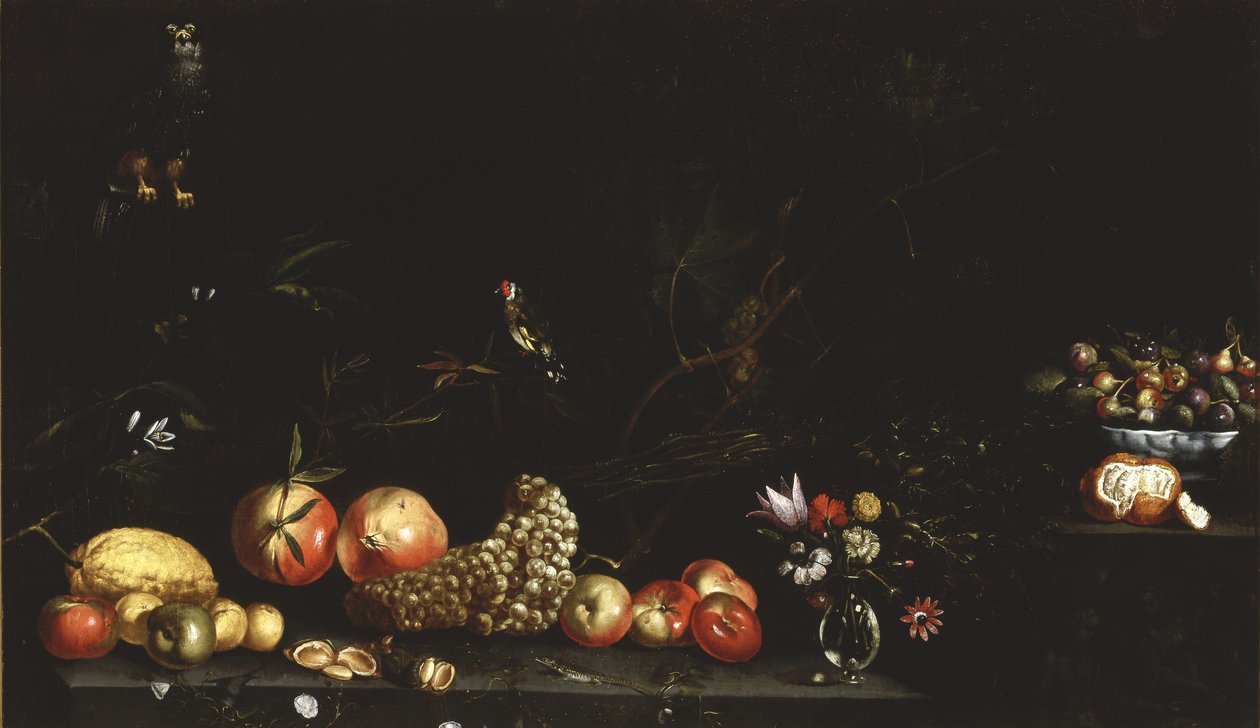 Martwa natura z owocami, kwiatami, jastrzębiem i szczygłem, 1620-30 autorstwa Luca Forte