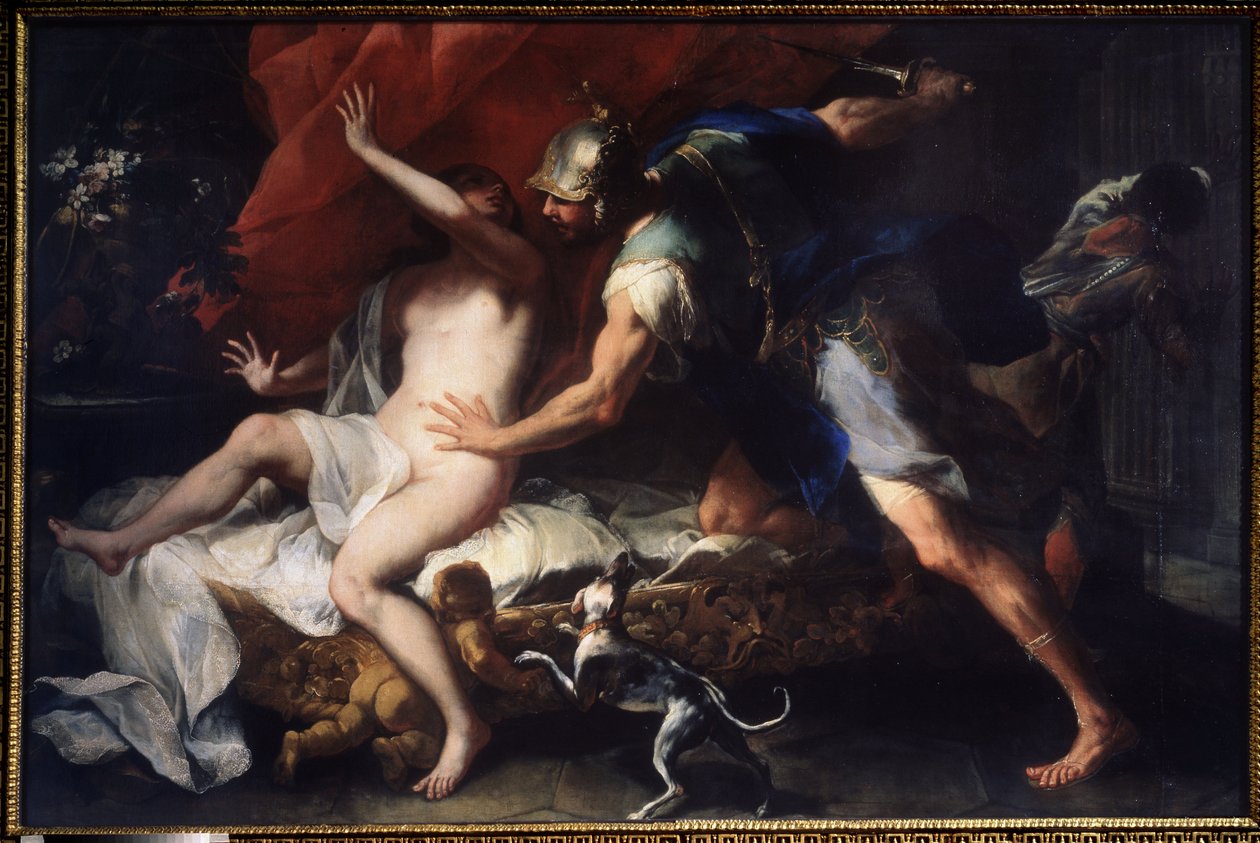 (Tarquinius and Lucretia) Gwałt Lukrecji (Lukrecja, Lukrecja, Rzymianka), ofiary przemocy jej kuzyna Sekstusa Tarquina, syna Tarquina Wspaniałego. Obraz Luca Giordano (1632-1705) XVII-wieczne Państwowe Muzeum Sztuki, Tuła, Rosja autorstwa Luca Giordano
