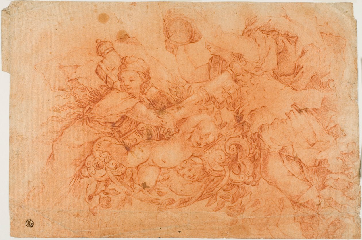 Postacie alegoryczne trzymające insygnia papieskie, studium za Alegorią Opatrzności Bożej w Palazzo Barberini w Rzymie autorstwa Luca Giordano