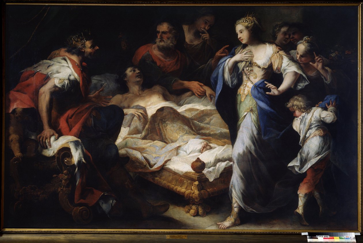""Antiochus (ou Antiochos) et Stratonice (ou Stratonice)"" (Antiochus i Stratonice) Antiochus, syn króla Seleukosa (lub Seleukosa) I Nicator jest leczony przez lekarza Erazystratusa z Ceos z powodu jego miłości do Stratonice, żona jego ojca, autorstwa Luca Giordano
