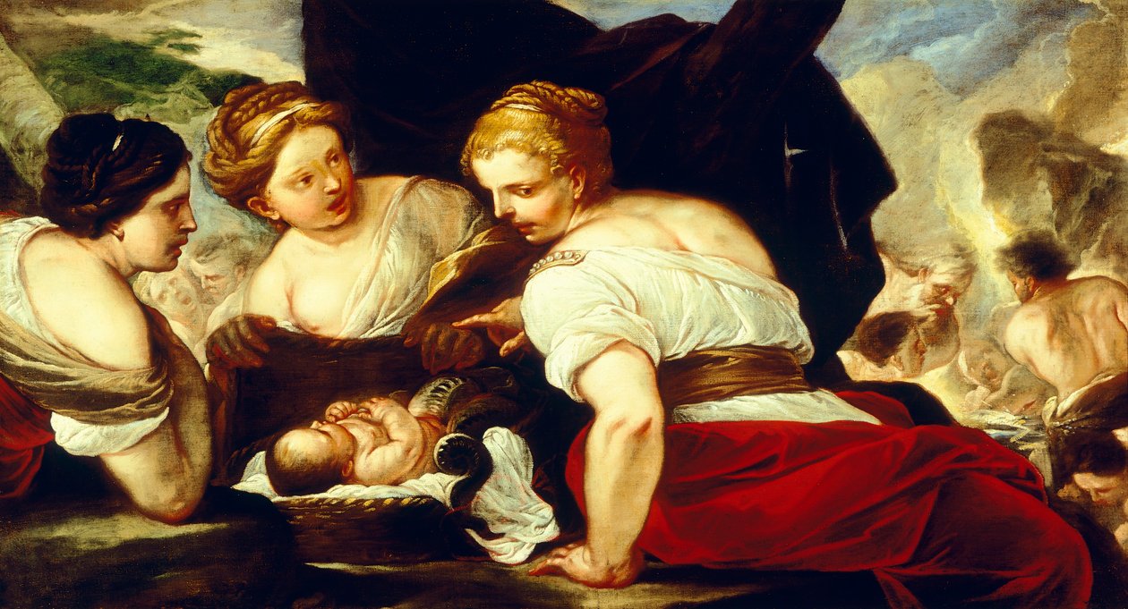 Córki Cecrops otwierający kosz z małym Erichtoniusem, autorstwa Luca Giordano (1634-1705), olej na płótnie, 76,5x133,5 cm autorstwa Luca Giordano