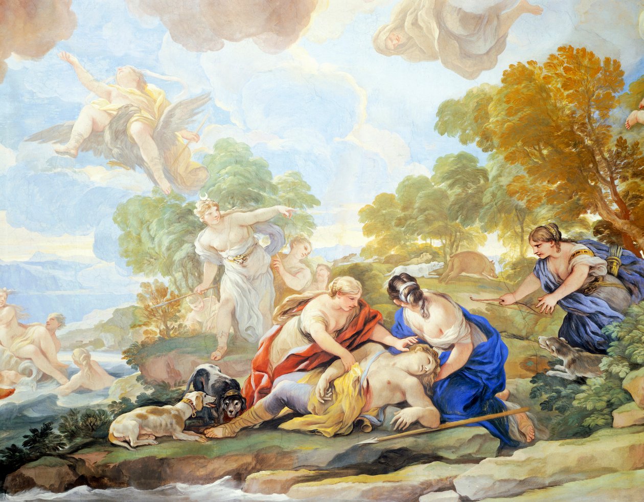 Śmierć Adonisa, detal cyklu fresków w Sali Lustrzanej autorstwa Luca Giordano (1634-1705), fresk, Palazzo Medici Riccardi, Florencja autorstwa Luca Giordano