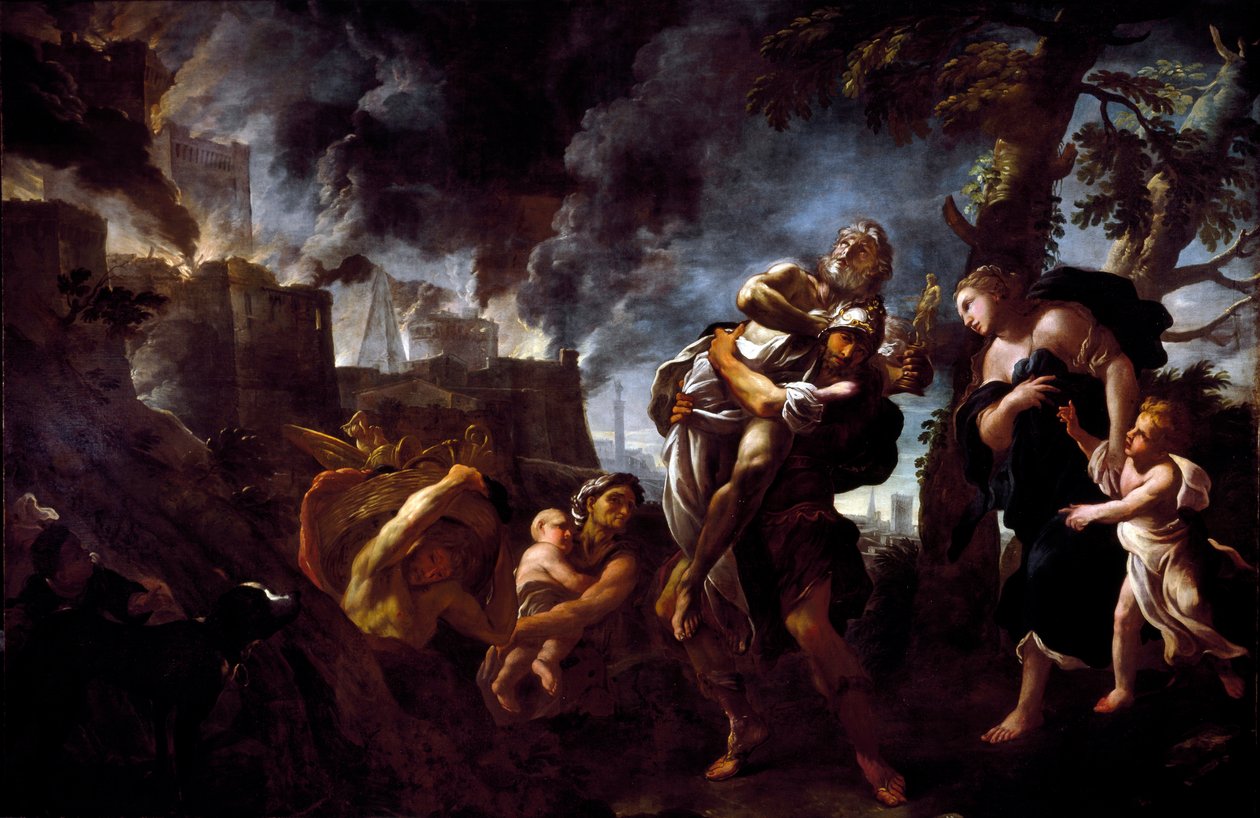 Enee uciekając z Troie Enee, niosąc Anchise, uciekł miasto wpadło w ręce Achajów. Obraz Luca Giordano (1634-1705) 1675-1680 Geny, Narodowa Galeria Pałacu Spinola autorstwa Luca Giordano