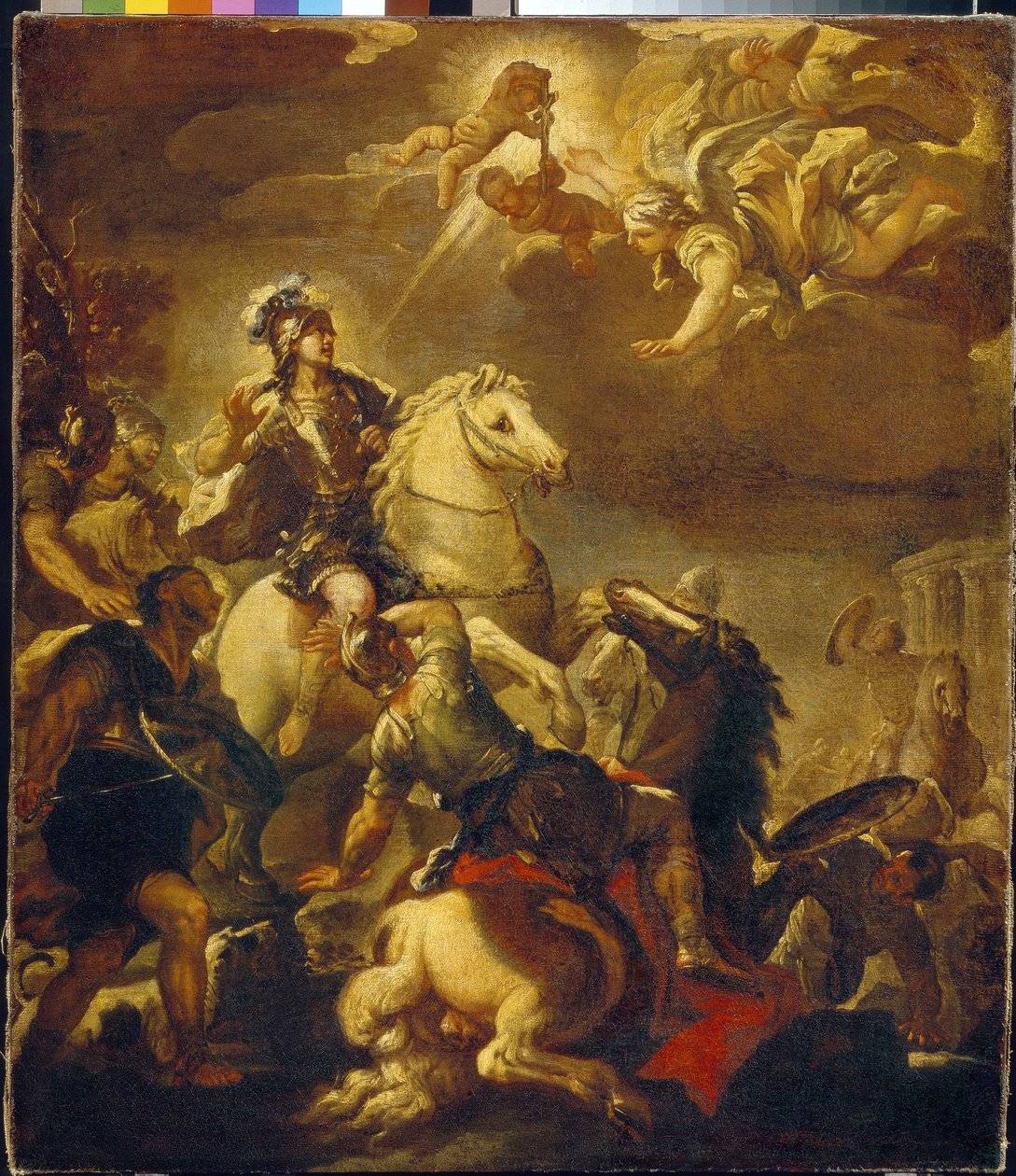 Ukazanie się krzyża cesarzowi Konstantynowi (Flauius Valerius Aurelius Constantinus, 272-306). (Objawienie Krzyża Cesarzowi Konstantynowi). Obraz Luca Giordano (1632-1705), olej na płótnie, ok. 1680 r. Sztuka włoska (Neapol) autorstwa Luca Giordano