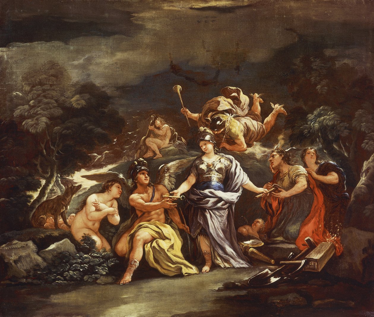 Minerwa jako Patronka Sztuki i Nauki, reż. Luca Giordano, olej na płótnie autorstwa Luca Giordano