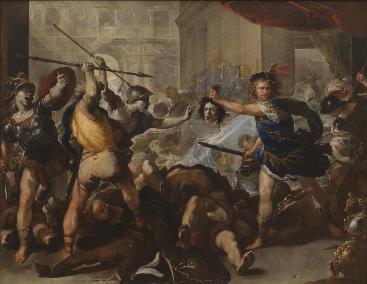 Perseusz zamienia Fineasza i jego zwolenników w kamień, początek lat 80. XVII wieku autorstwa Luca Giordano