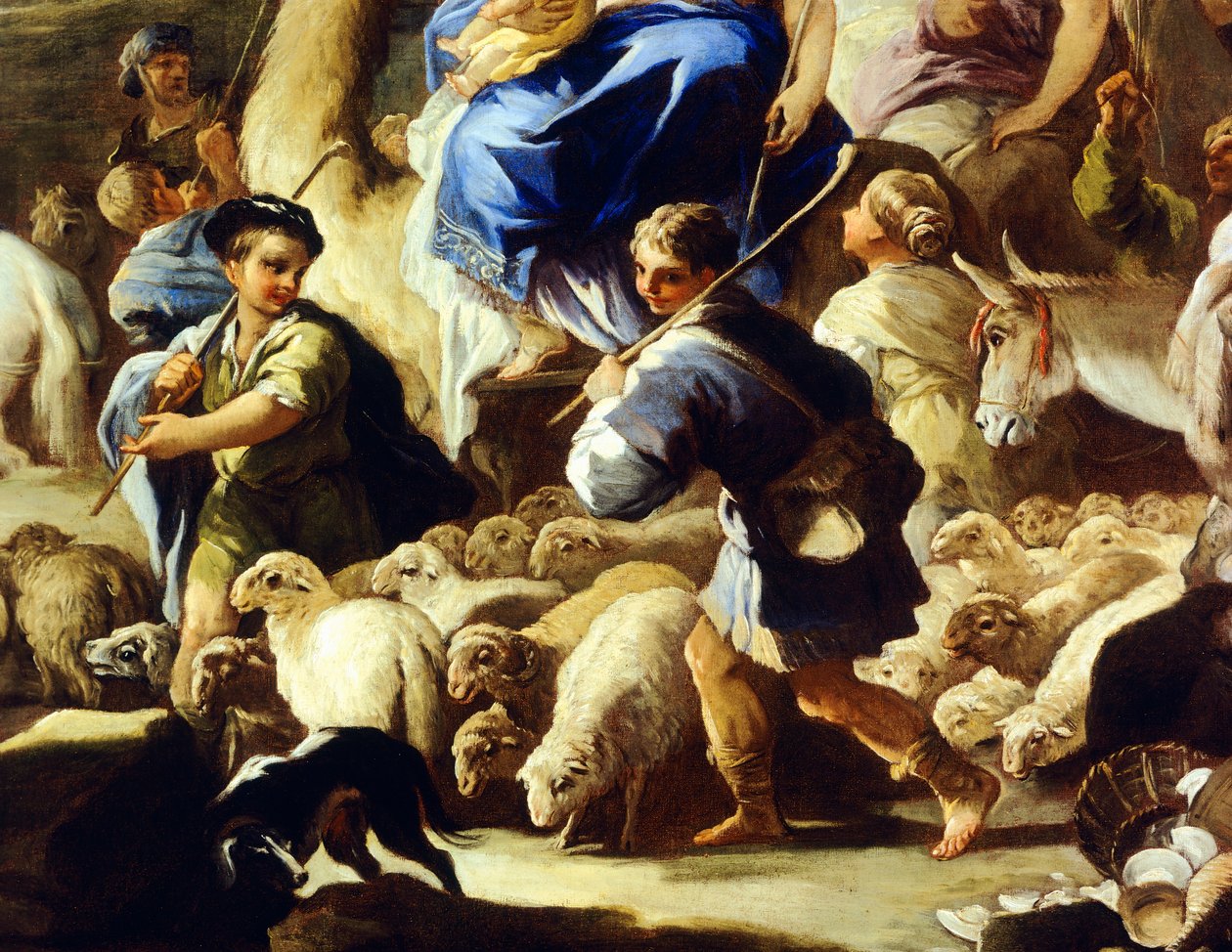 Owce i pasterze, fragment z wyjazdu Rebeki do Kanaanu, Luca Giordano (1634-1705), olej na miedzi, 59x85 cm autorstwa Luca Giordano