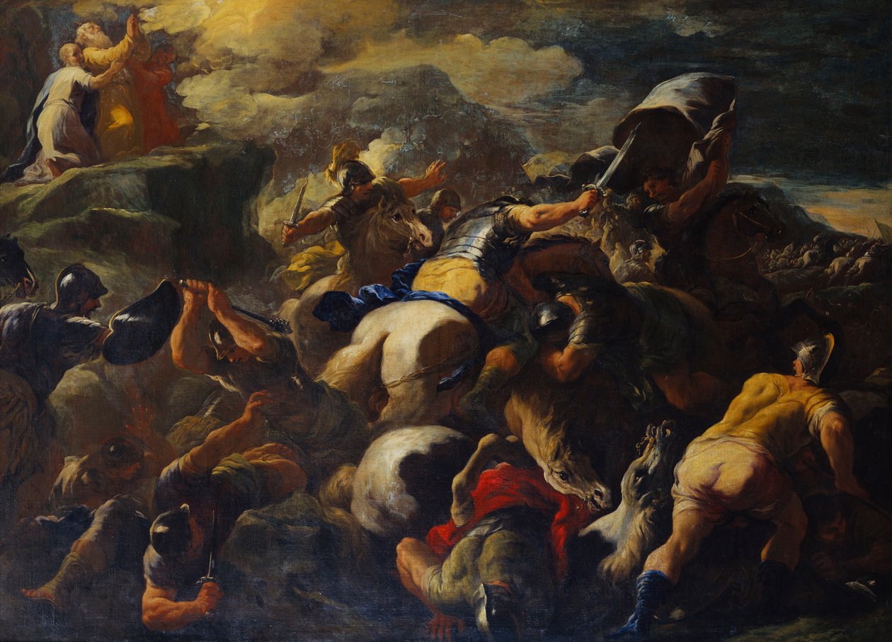 Bitwa między Izraelitami a Amalekitami, Aaron i Chur podtrzymujący ramiona Mojżesza na szczycie wzgórza za autorstwa Luca Giordano