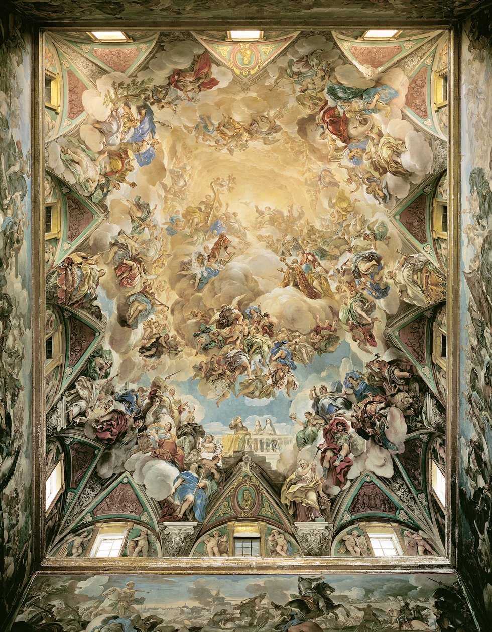 Niebiańska Chwała i Triumf Habsburgów, z sufitu nad wielkimi schodami autorstwa Luca Giordano