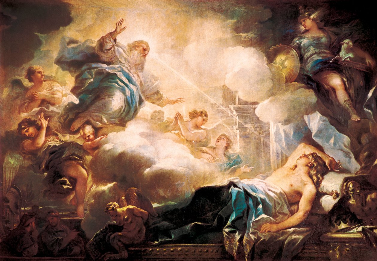 Sen króla Salomona, ok. 1930 r. 1693 (olej na płótnie) autorstwa Luca Giordano