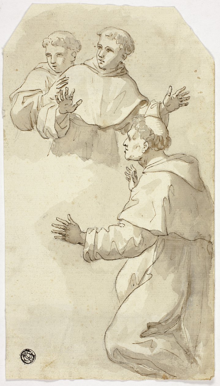 Trzech zaskoczonych mnichów, jeden klęczący, dwóch stojących autorstwa Luca Giordano