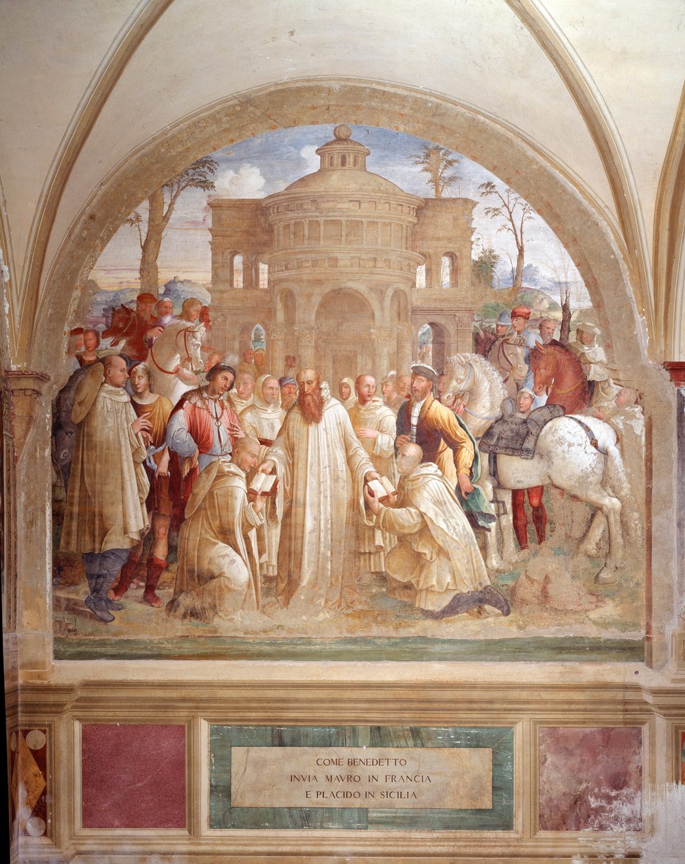Benedykt wysyła Maura do Francji i Placyda na Sycylię (Benedykt wysyła Maura do Francji i Placyda na Sycylię) Fresk klasztoru wykonany przez Lukę Signorelli opowiadający o życiu św. Benedykta z Nursji (480 - 567) założyciela Zakonu Benedyktynów 1497- autorstwa Luca Signorelli