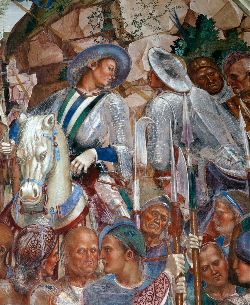 Benoit rozpoznaje i wita króla Gotów Totili, który osobiście przeprosił za wystawienie Benoita na próbę (Benedykt wita Totili, który przyszedł przeprosić za wystawienie Benedykta na próbę) Szczegóły eskorty króla - Cloiste autorstwa Luca Signorelli