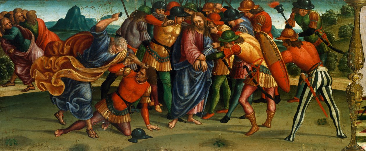 Ujęcie Chrystusa, fragment z predelli Opłakiwanie martwego Chrystusa autorstwa Luca Signorelli (1441-50 - 1523), tempera na desce, 270x240 cm autorstwa Luca Signorelli